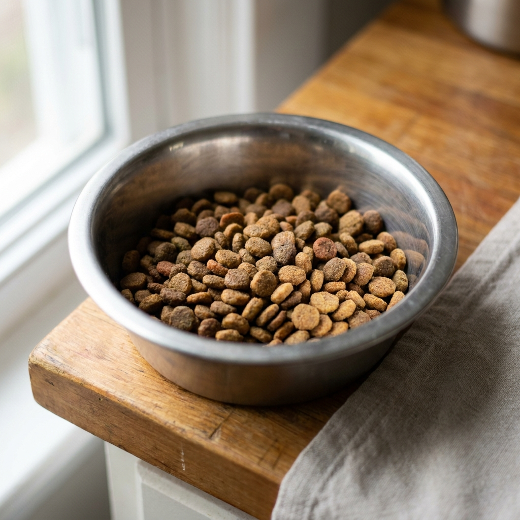 Dry cat kibble in stainless steel bowl on wooden surface