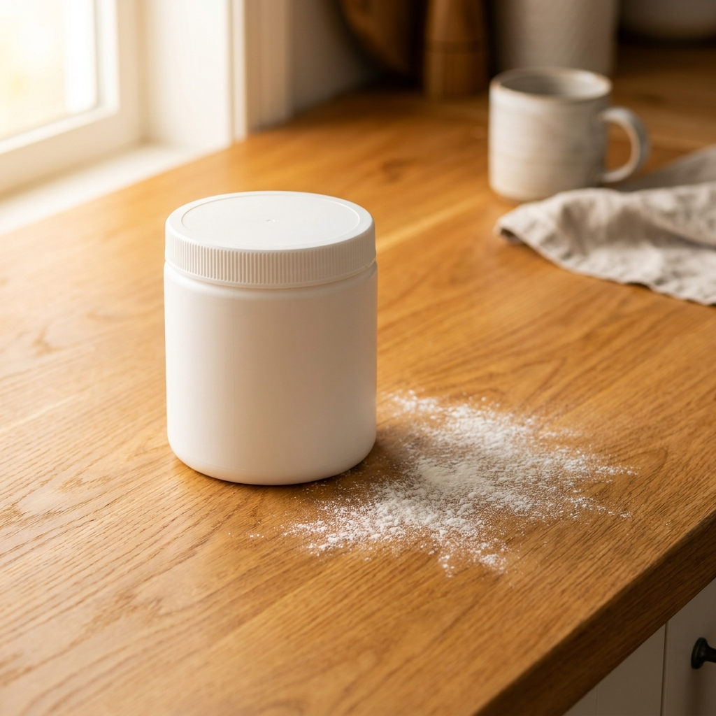 White unlabeled supplement container with white powder on warm wooden counter