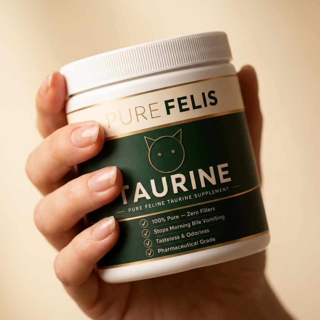 Hand holding PureFelis taurine container close-up