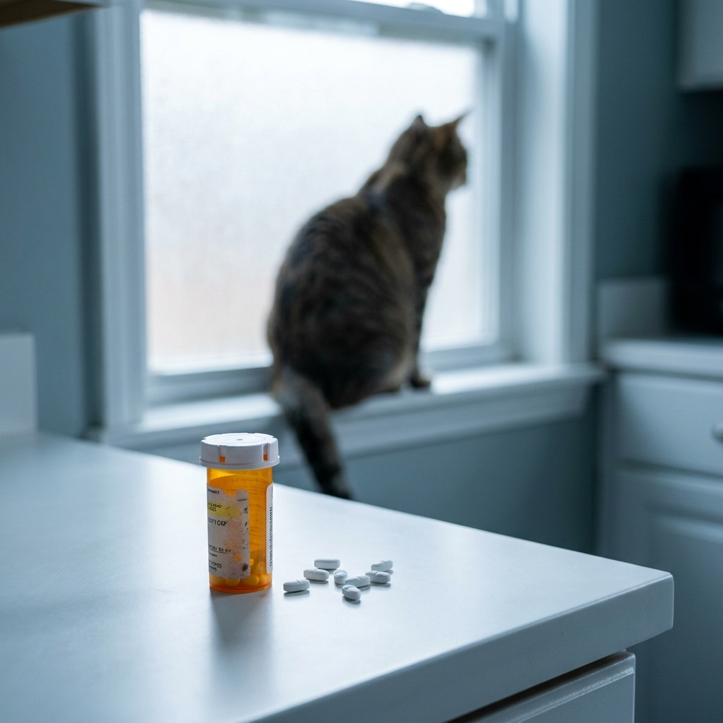Orange prescription pill bottle on counter, tabby cat on windowsill behind