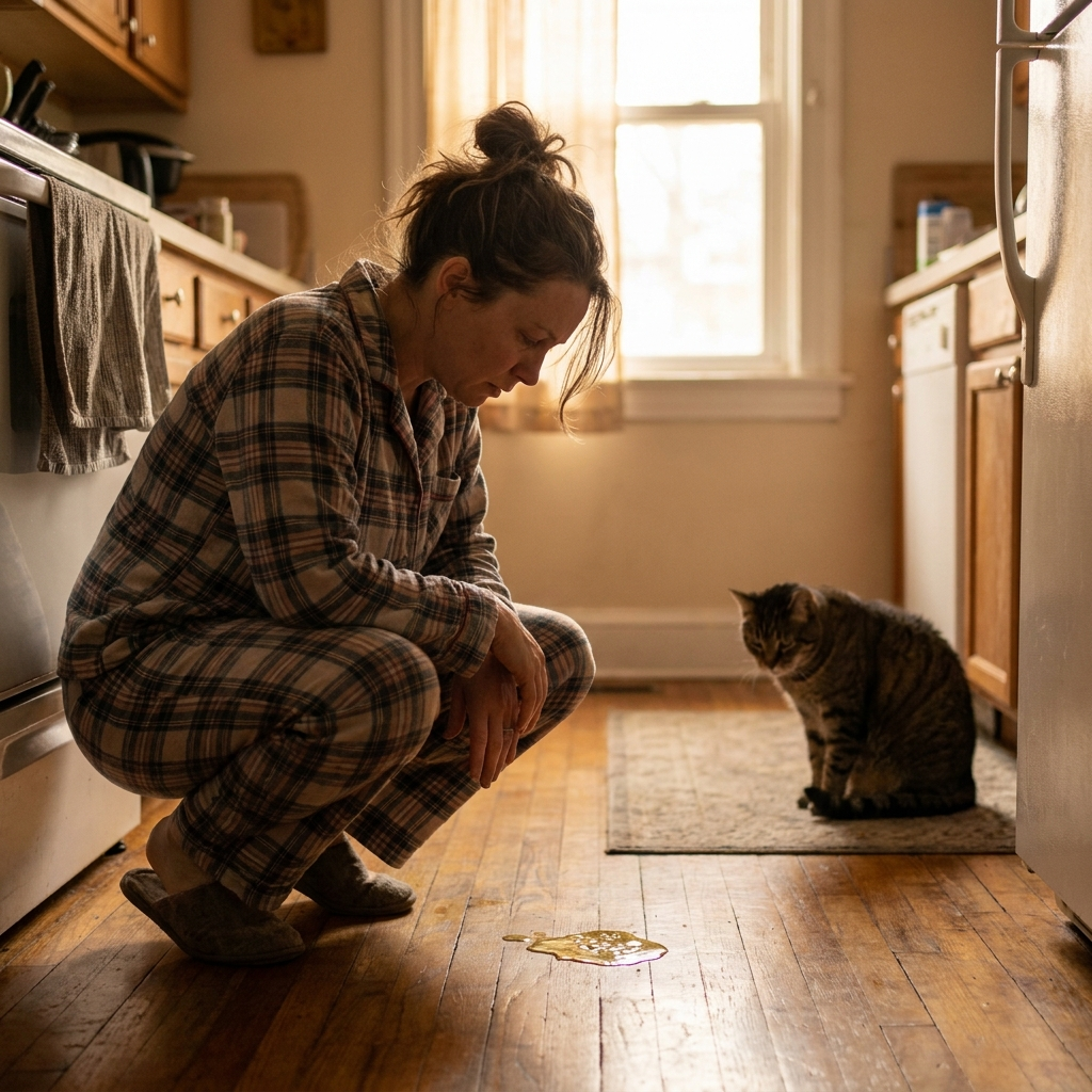 Woman in pajamas discovering cat vomit on kitchen floor